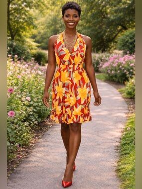 NWT WUHOU SZ L/XL red, yellow & gray halter style midi dress bust 26”-42”